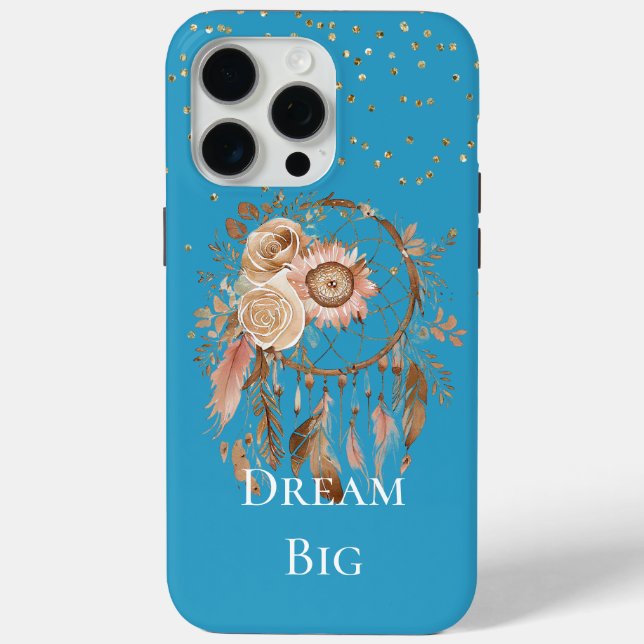 Aqua Floral Feathers Dream Catcher Case-Mate iPhone Case (Back)