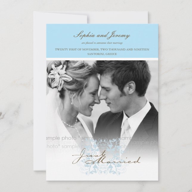Aqua Floral Flourish Photo Wedding Announcement (Front)