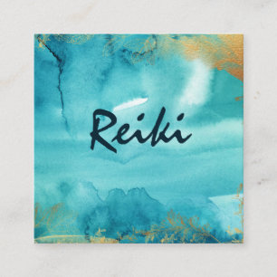 *~* Aqua Floral Gold Healer Reiki Energy Square Business Card