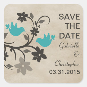 Aqua Floral Lovebirds Save the Date Stickers