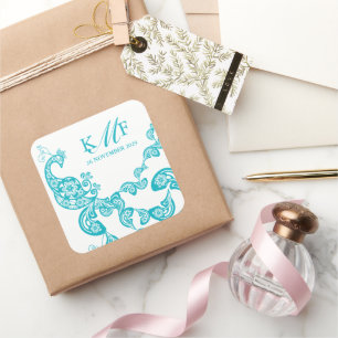 Aqua Floral Paisley White Peacock Wedding Favour Square Sticker