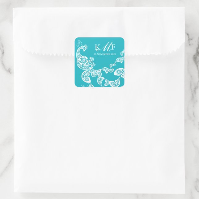 Aqua Floral Paisley White Peacock Wedding Favour Square Sticker (Bag)