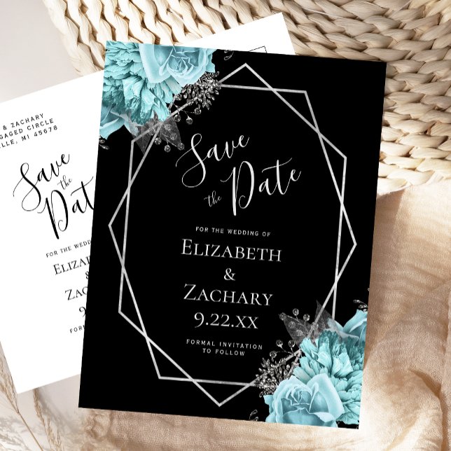 Aqua Floral Silver Geo Frame Black Save the Date Postcard (Creator Uploaded)