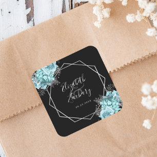 Aqua Floral Silver Geometric Black Wedding Square Sticker