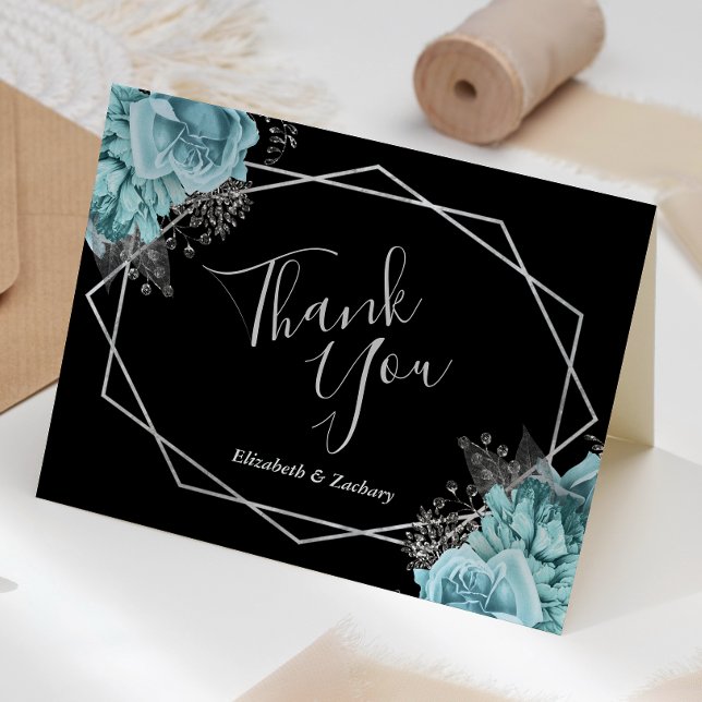 Aqua Floral Silver Geometric Black Wedding Thank You Card (Creator Uploaded)