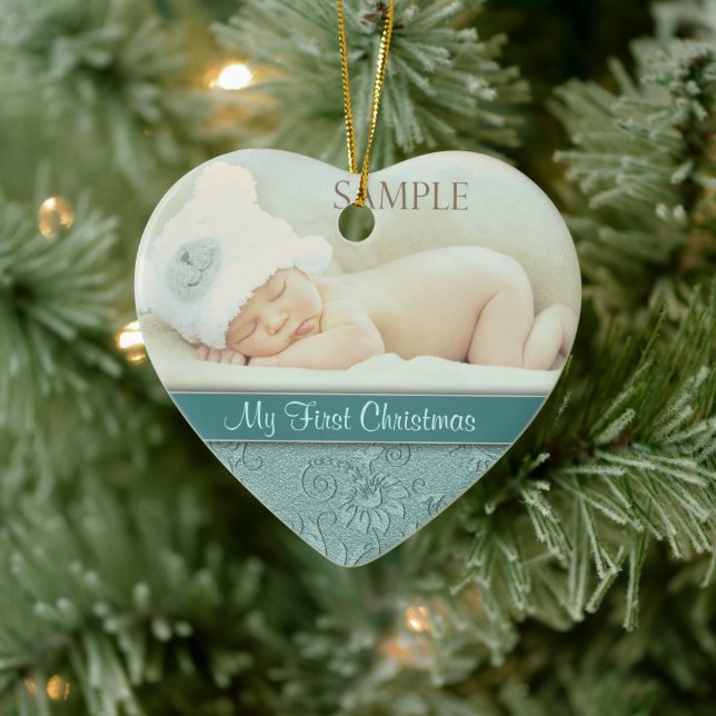 Aqua Floral Swirl Baby First Christmas Ceramic Tree Decoration (Tree)