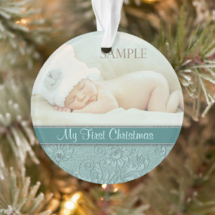 Aqua Floral Swirl Baby First Christmas Ornament