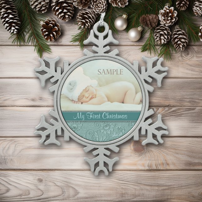 Aqua Floral Swirl Baby First Christmas Snowflake Pewter Christmas Ornament (Creator Uploaded)