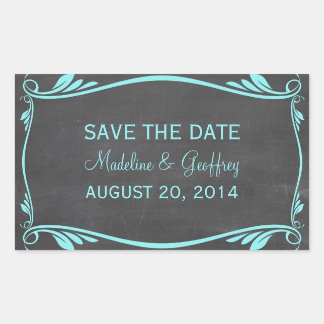 Aqua Flourish Chalkboard Save the Date Stickers (Front)