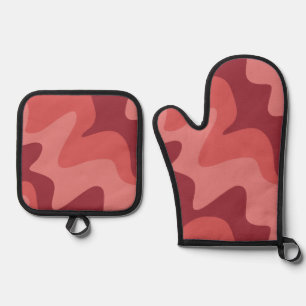 Aqua Flow Red Pink Silver Quilted Oven Mitt & Pot Holder Set