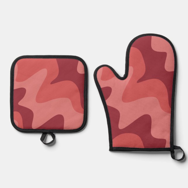 Aqua Flow Red Pink Silver Quilted Oven Mitt & Pot Holder Set (Front)