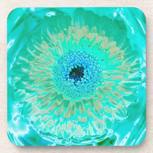 Aqua Flower Hard Plastic Coaster (Front)
