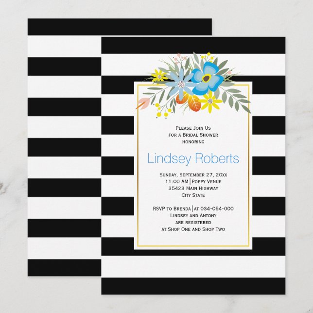 Aqua flowers and stripes wedding bridal shower invitation (Front/Back)