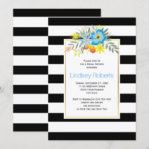 Aqua flowers and stripes wedding bridal shower invitation