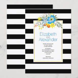 Aqua flowers, black white stripes floral wedding invitation