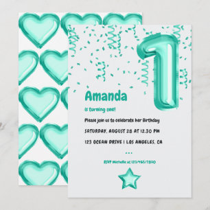 Aqua Foil Balloon and Confetti 1st Birthday Invitation