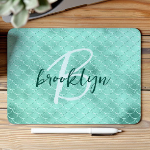 Aqua Foil Mermaid Fish Scales Script Monogram  Mouse Mat