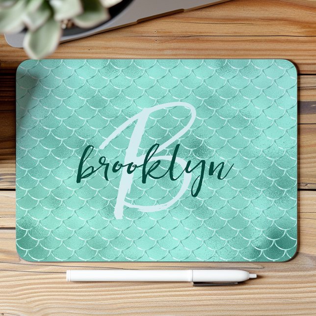 Aqua Foil Mermaid Fish Scales Script Monogram  Mouse Mat (Creator Uploaded)