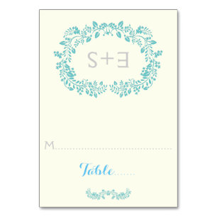Aqua foliage frame & initials wedding place card