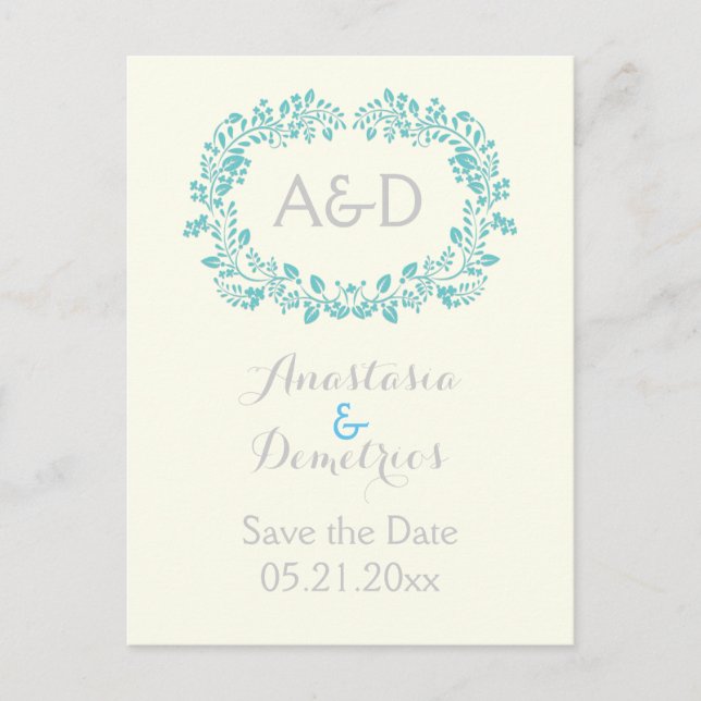 Aqua foliage frame initials wedding Save the Date Announcement Postcard (Front)