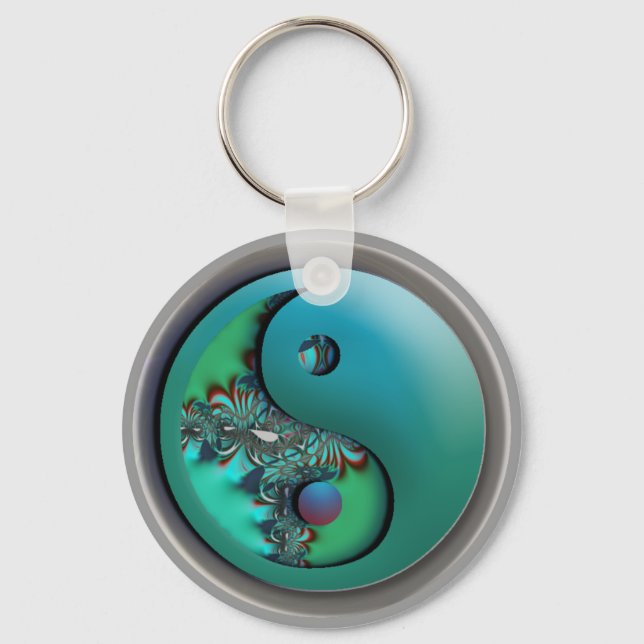 Aqua Fractal Silver  Yin Yang Keychain (Front)