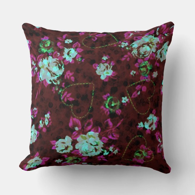 Aqua & Fushia Roses Throw Pillow (Front)