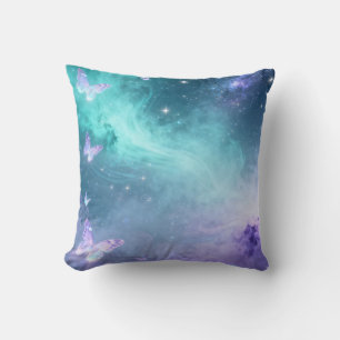 Aqua Galaxy Butterfly Throw Pillow