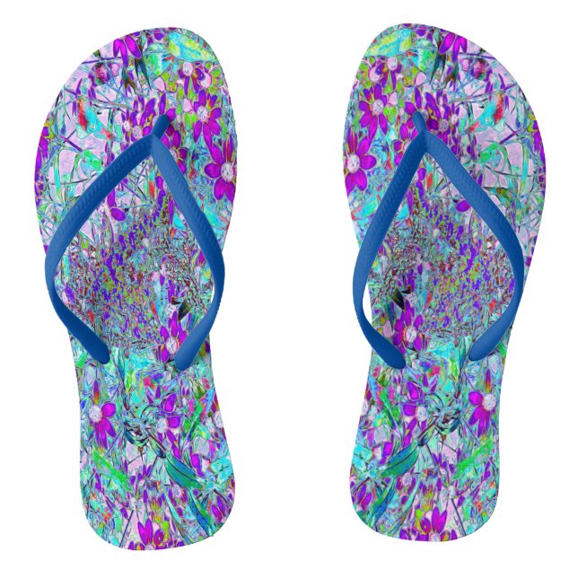 Aqua Garden with Violet Blue and Hot Pink Flowers Flip Flops (Footbed)