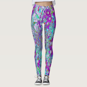 Aqua Garden with Violet Blue and Hot Pink Flowers Leggings