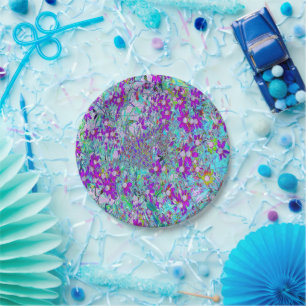 Aqua Garden with Violet Blue and Hot Pink Flowers Paper Plate