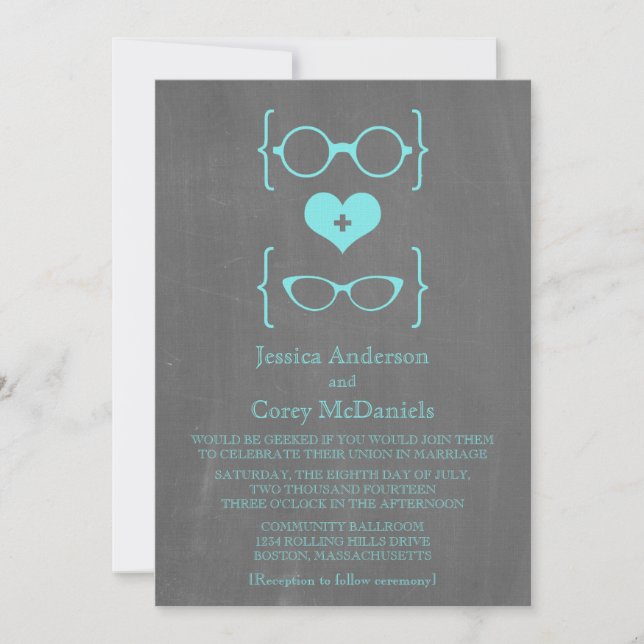 Aqua Geeky Glasses Chalkboard Wedding Invite (Front)
