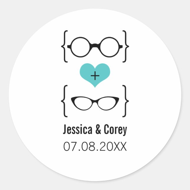 Aqua Geeky Glasses Wedding Stickers (Front)