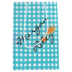 Aqua gingham and flowers medium gift bag