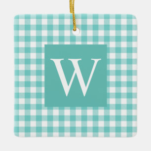 Aqua Gingham Check Initial Ceramic Ornament
