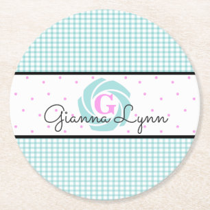 Aqua Gingham Monogrammed Round Paper Coaster