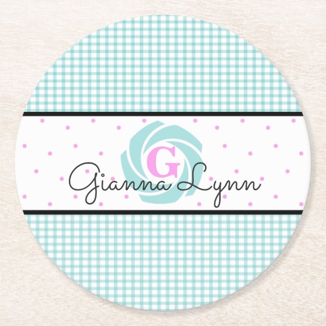 Aqua Gingham Monogrammed Round Paper Coaster (Front)