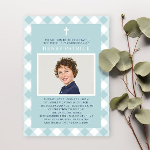 Aqua Gingham Plaid First Communion for Boy Photo Invitation
