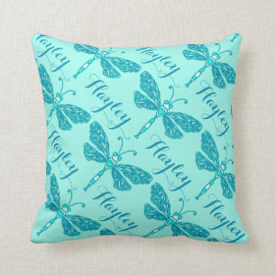 Aqua girls name dragonfly pattern cushion pillow