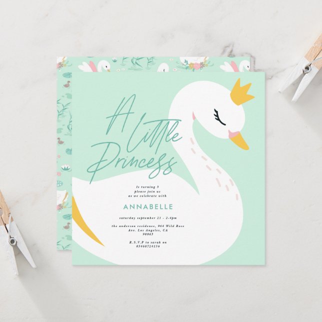 Aqua girly elegant photo beautiful swan children invitation (Front/Back In Situ)