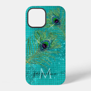 Aqua Girly Gold Glitter Peacock Feathers Monogram iPhone 12 Case