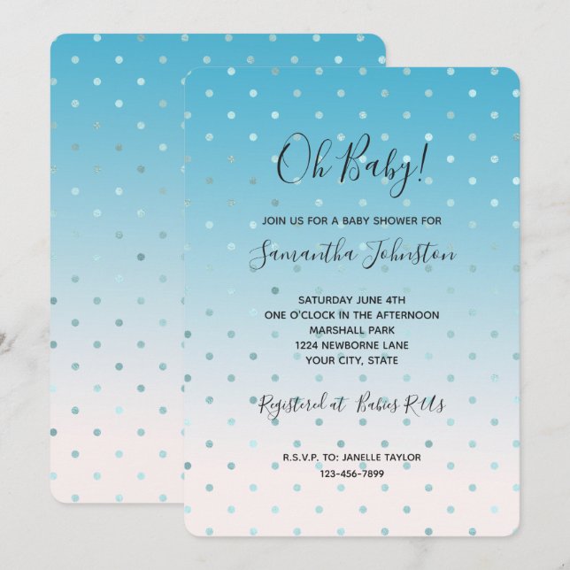 Aqua Glam Dots Ombre Baby Shower Invitation (Front/Back)