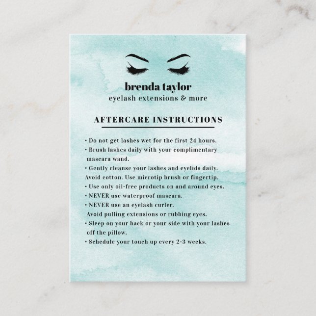 Aqua Glam Eyelash Browbar Aftercare Instructions Business Card (Front)