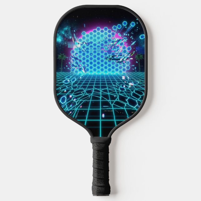 Aqua Glitch Matrix Neon Blue Futuristic Pickleball Paddle (Front)