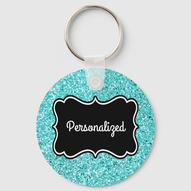 Aqua Glitter Black and White Personalised Frame Key Ring (Front)