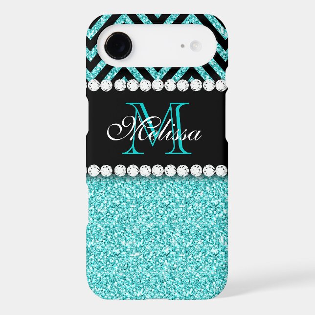AQUA GLITTER BLACK CHEVRON MONOGRAM Case-Mate iPhone CASE (Back)