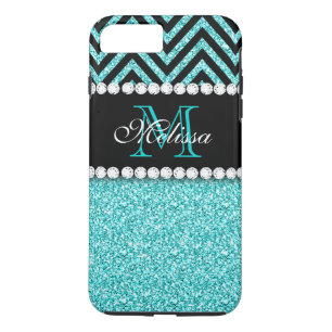 AQUA GLITTER BLACK CHEVRON MONOGRAM iPhone 8 PLUS/7 PLUS CASE
