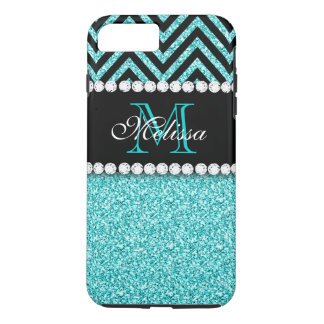 AQUA GLITTER BLACK CHEVRON MONOGRAM iPhone 8 PLUS/7 PLUS CASE
