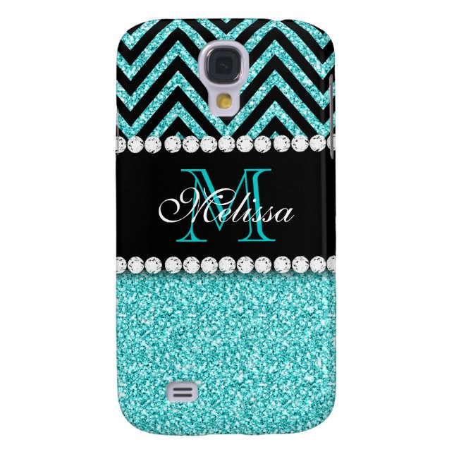AQUA GLITTER BLACK CHEVRON MONOGRAM Case-Mate SAMSUNG GALAXY CASE (Back)