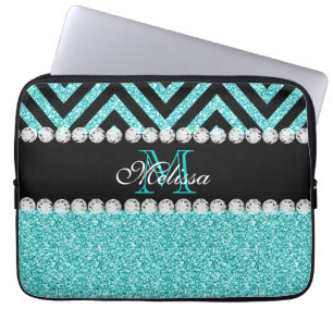 AQUA GLITTER BLACK CHEVRON MONOGRAM LAPTOP SLEEVE