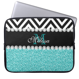 AQUA GLITTER BLACK CHEVRON MONOGRAMMED LAPTOP SLEEVE
